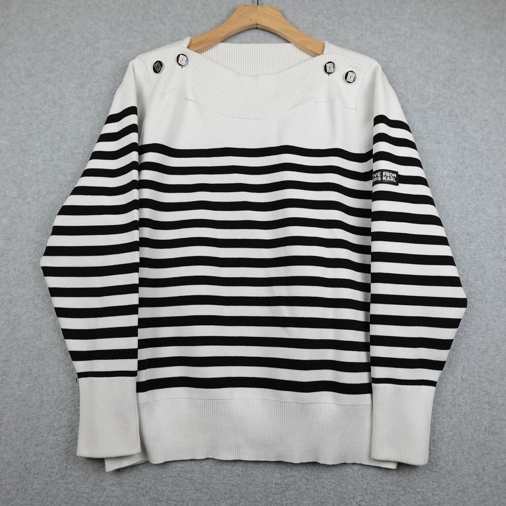 Karl Lagerfeld Paris Sweater Womens XL White Black Striped Button Shoulder Patch